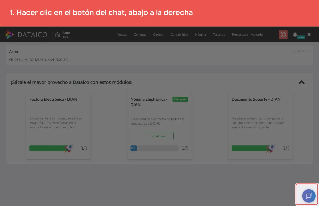El botón del chat de soporte, en la esquina inferior derecha de la pantalla
