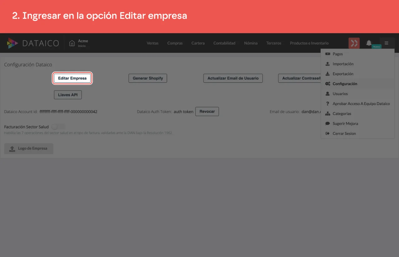 El botón Editar Empresa, en la pantalla de Configuración