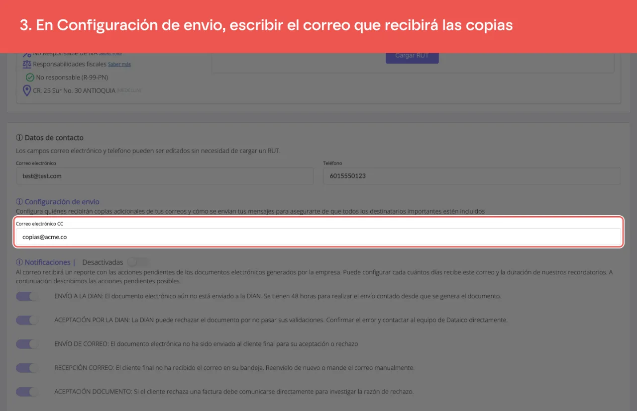 El campo Correo electrónico CC de la sección Configuración de envio, con el correo escrito
