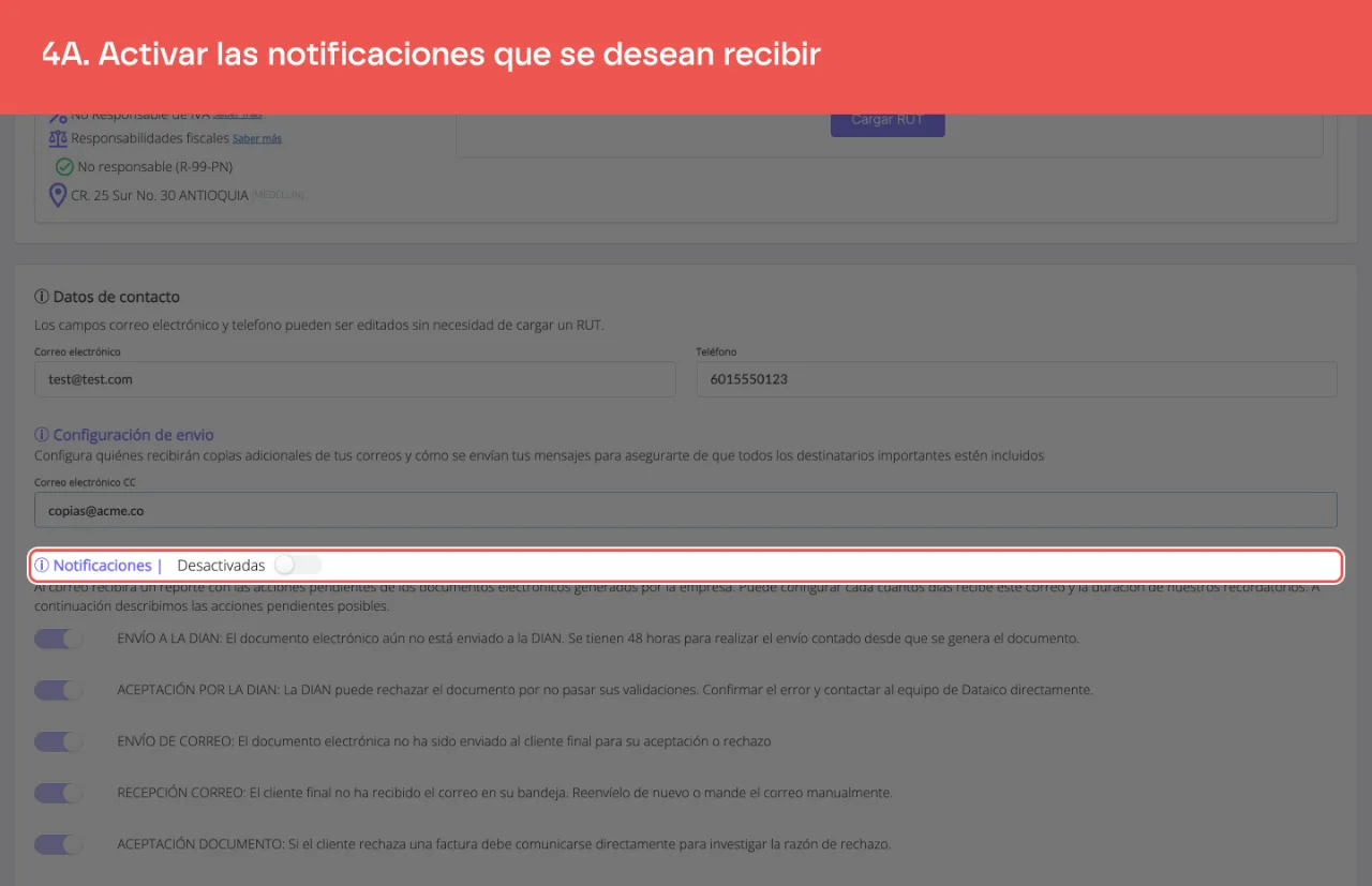 El interruptor de Notificaciones y la lista de avisos que pueden activarse