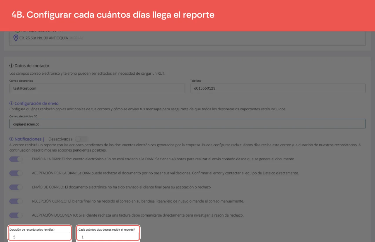 Los campos de duración de los recordatorios y frecuencia del reporte
