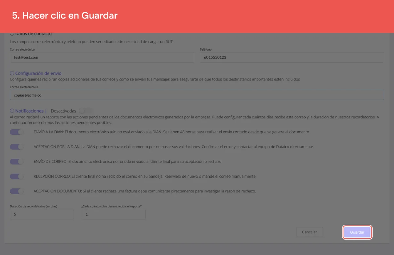 El botón Guardar del formulario de configuración de empresa