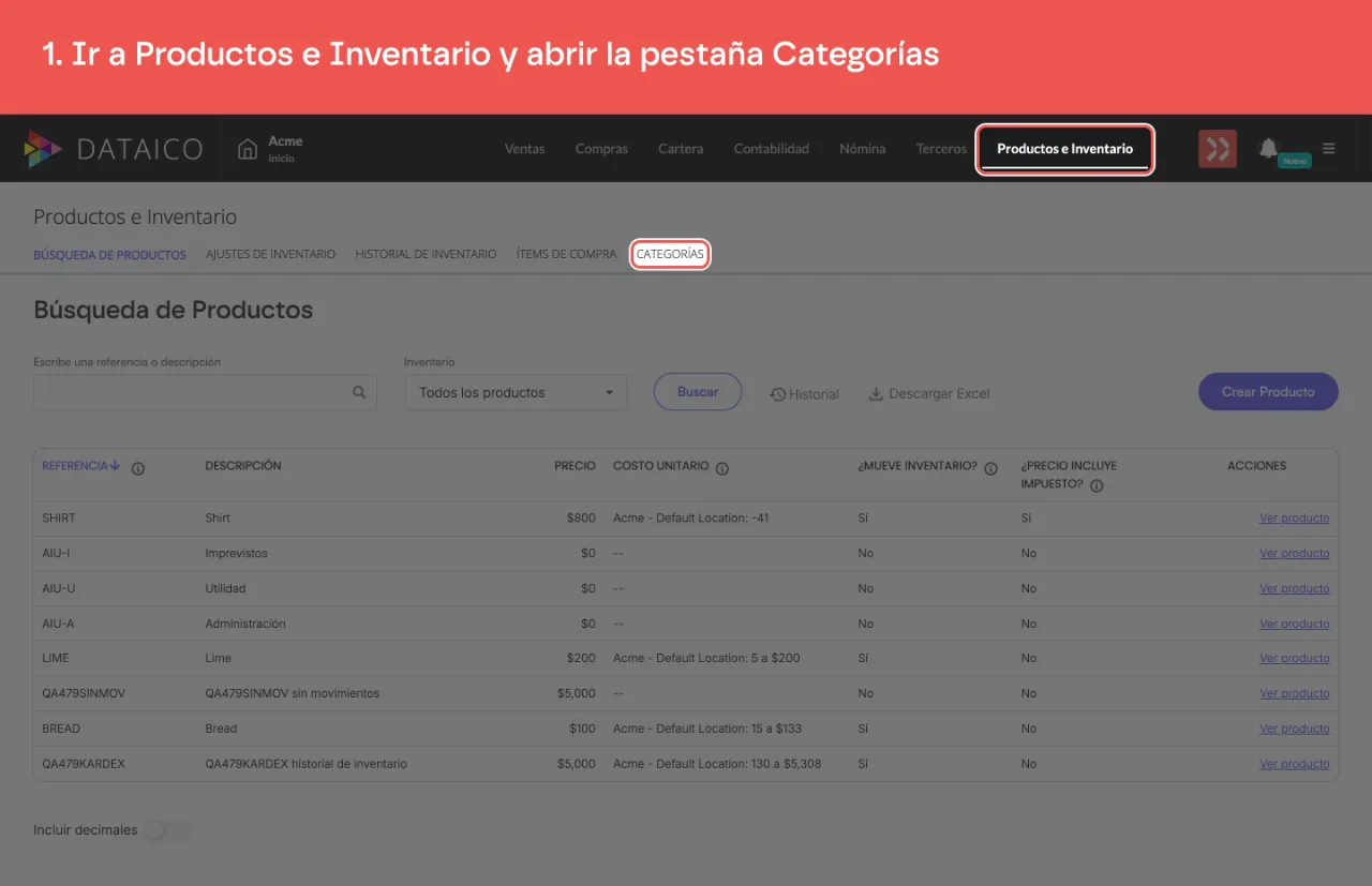 La pestaña Categorías de Productos e Inventario