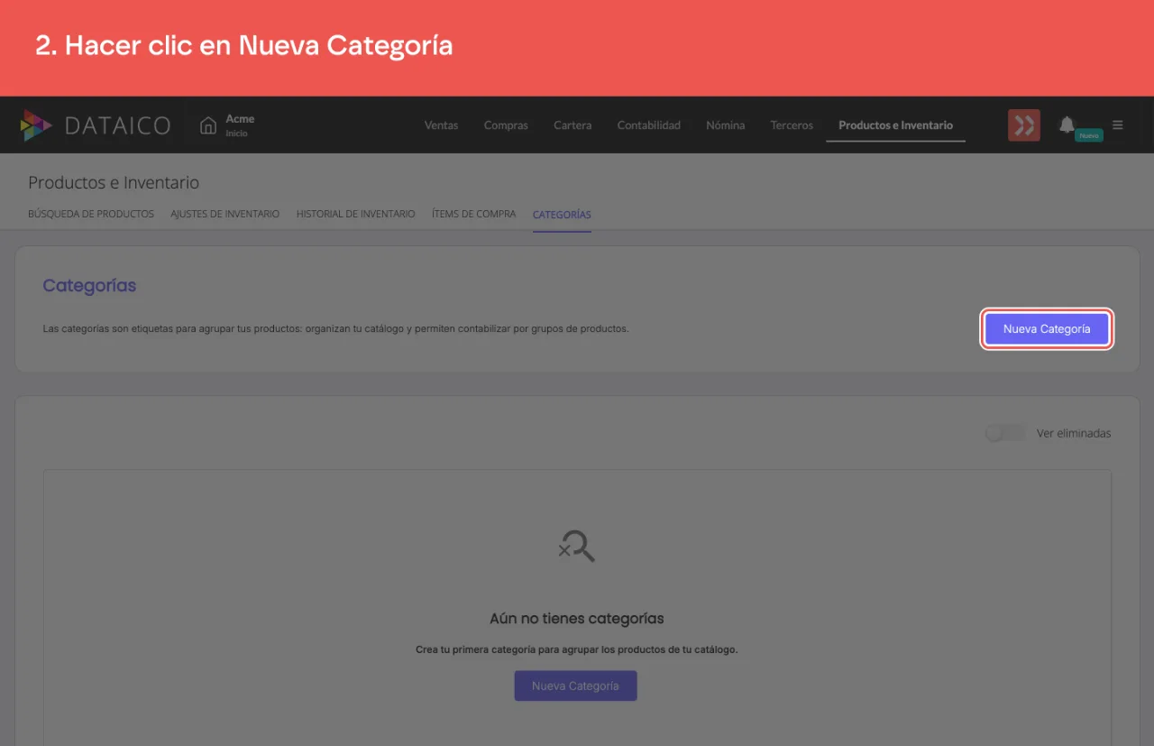 El botón Nueva Categoría, en la pestaña Categorías