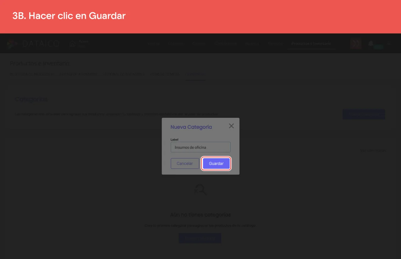 El botón Guardar de la ventana Nueva Categoría