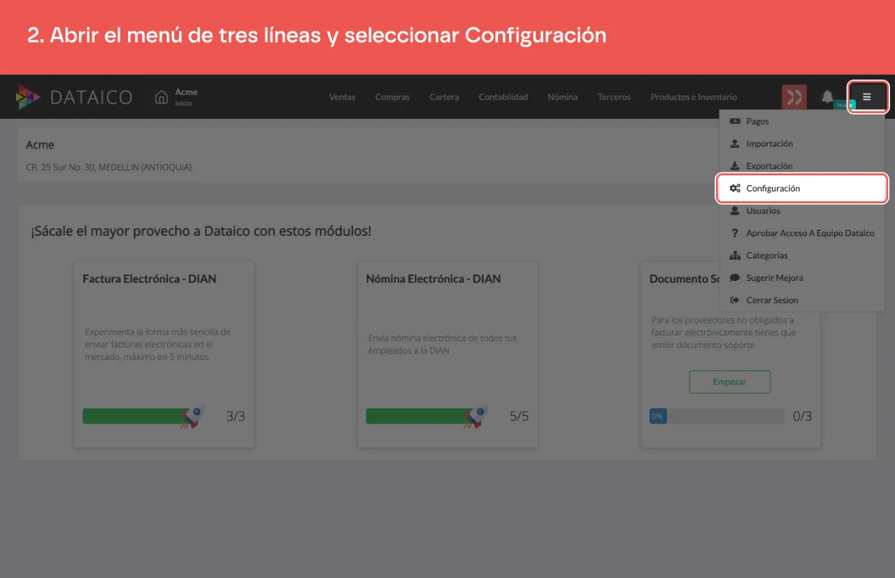 El menú de tres líneas abierto, con la opción Configuración