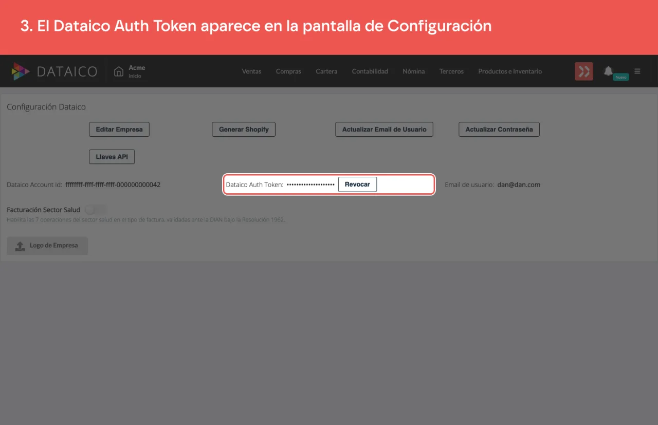 La pantalla de Configuración con la fila Dataico Auth Token, con el valor oculto