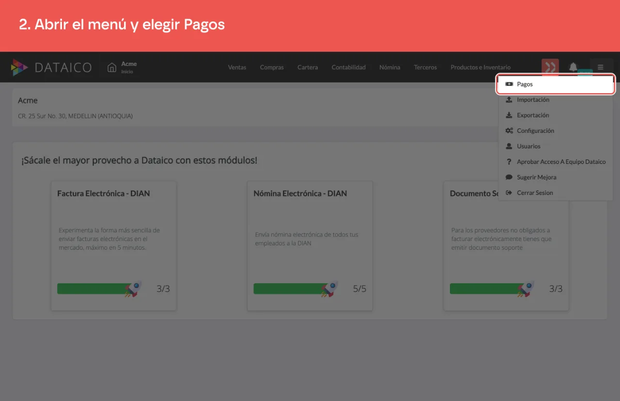 El menú de hamburguesa abierto, con la opción Pagos