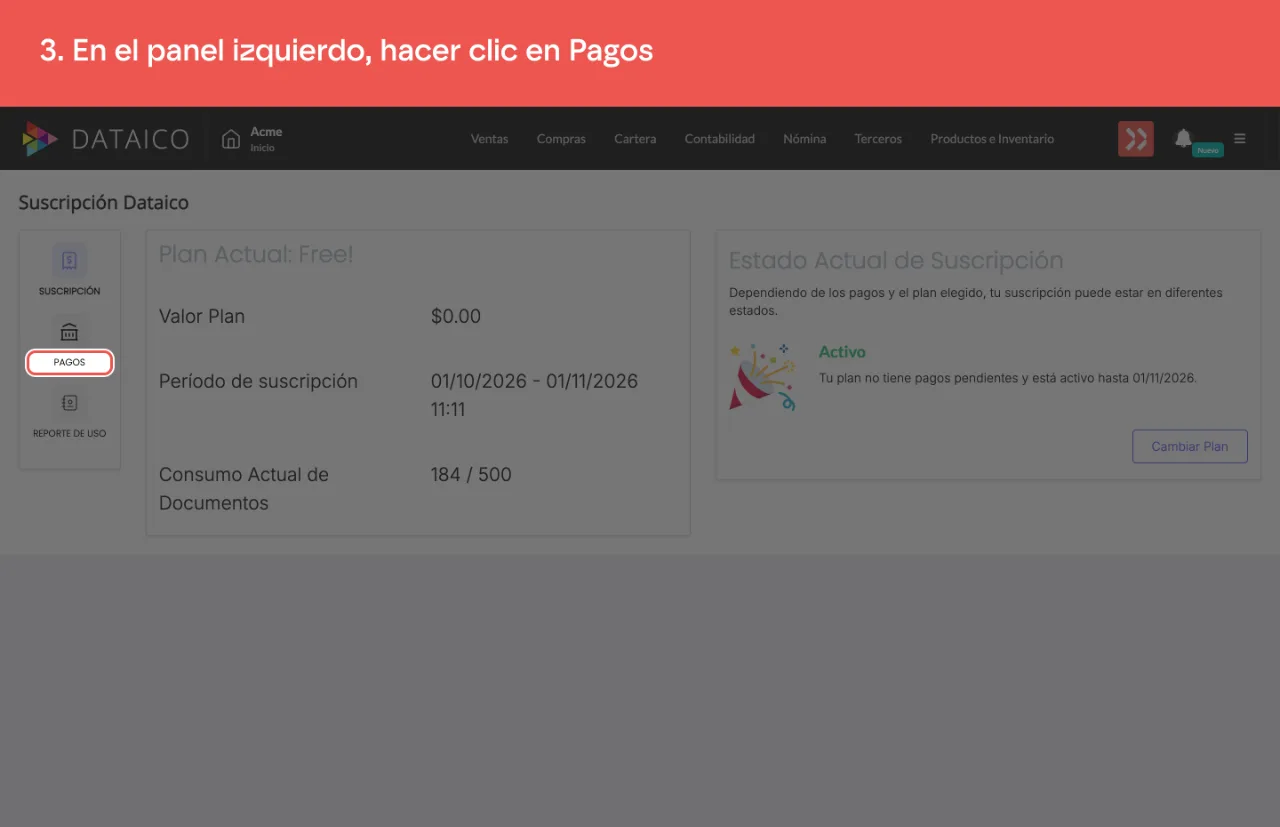 La pestaña Pagos del panel izquierdo, entre Suscripción y Reporte de uso