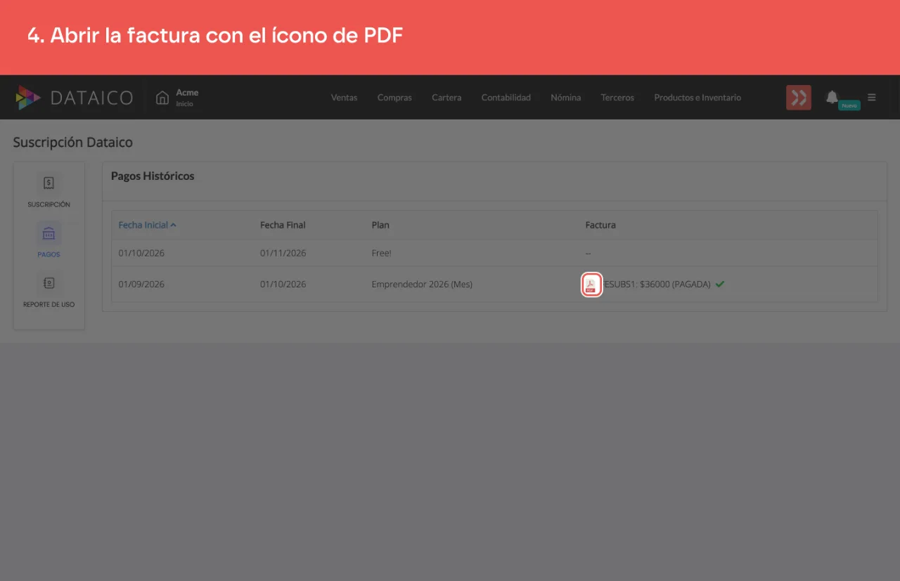Pagos Históricos, con el periodo pagado y, en la columna Factura, el ícono de PDF junto al número, el valor y el estado PAGADA