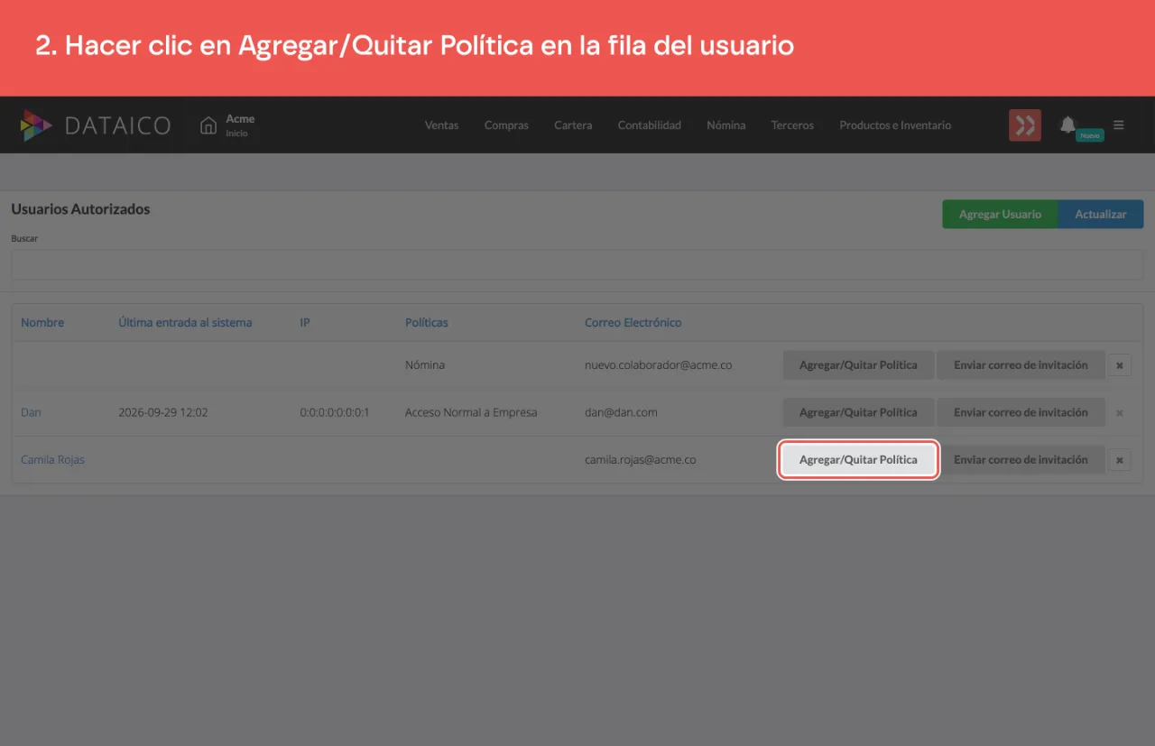 El botón Agregar/Quitar Política en la fila del usuario invitado