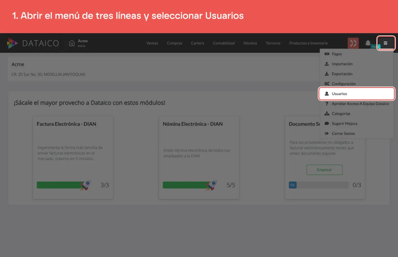 El menú de tres líneas abierto, con la opción Usuarios