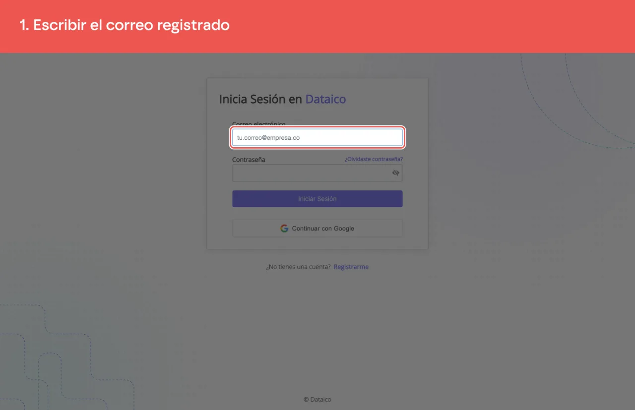 La pantalla de inicio de sesión con el correo escrito en el campo Correo electrónico