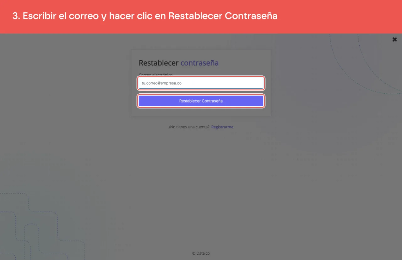 El formulario para restablecer la contraseña, con el correo escrito y el botón Restablecer Contraseña