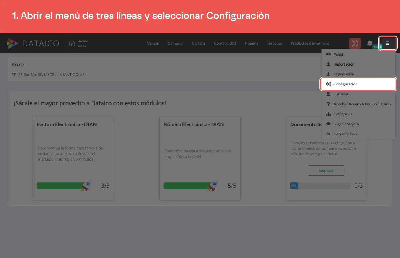 El menú de tres líneas abierto, con la opción Configuración