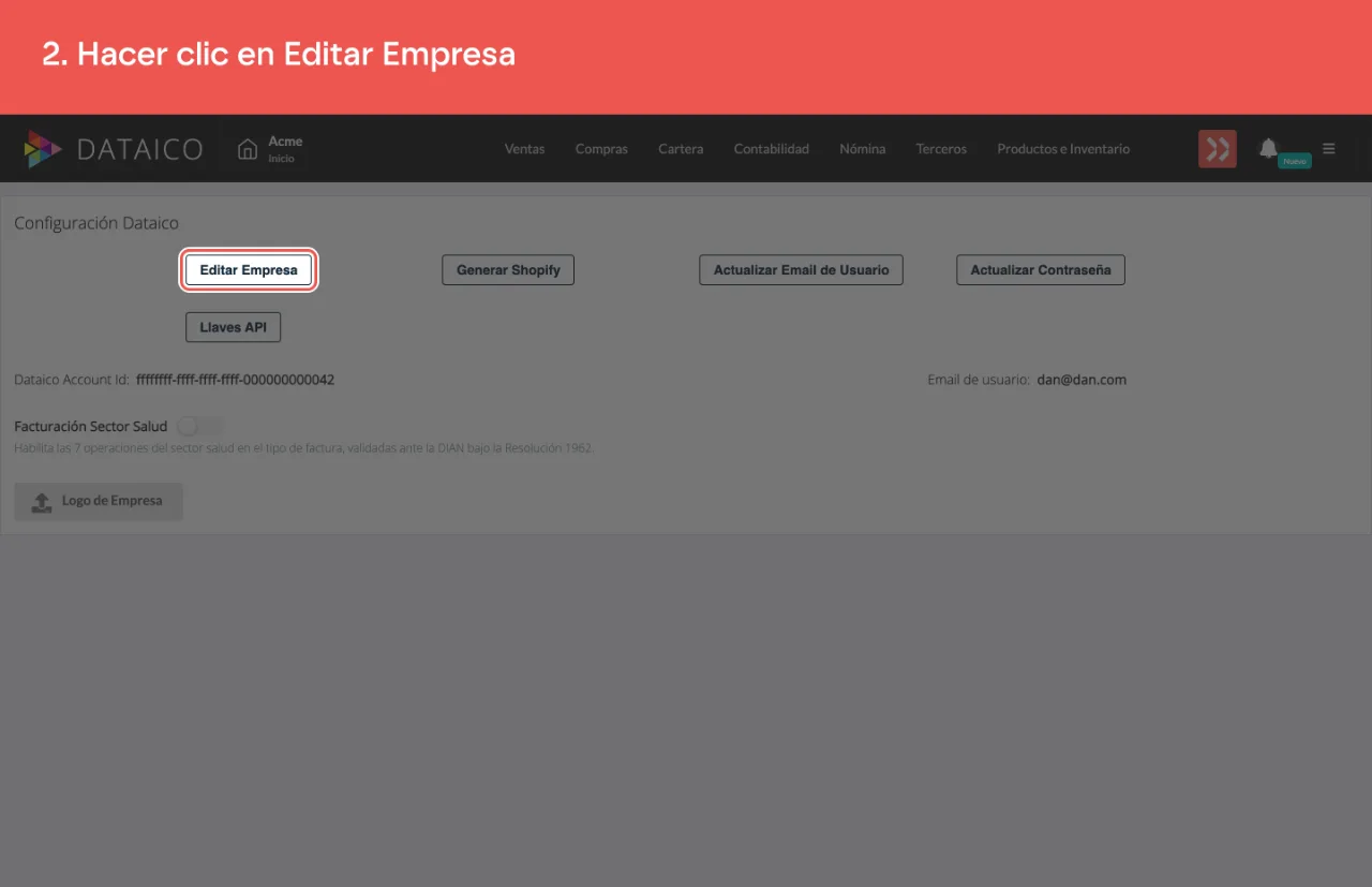 El botón Editar Empresa de la pantalla de Configuración