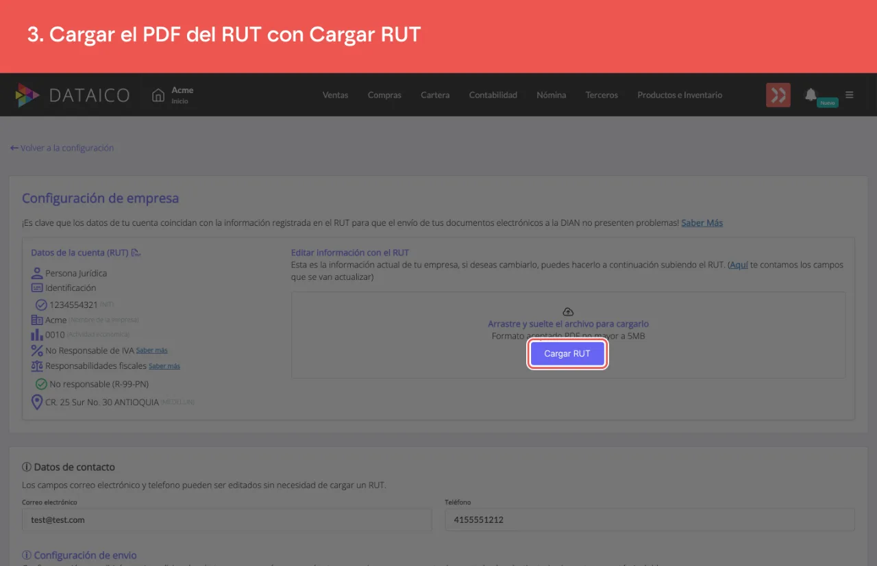 La zona Editar información con el RUT, con el botón Cargar RUT y el formato aceptado: PDF de máximo 5 MB