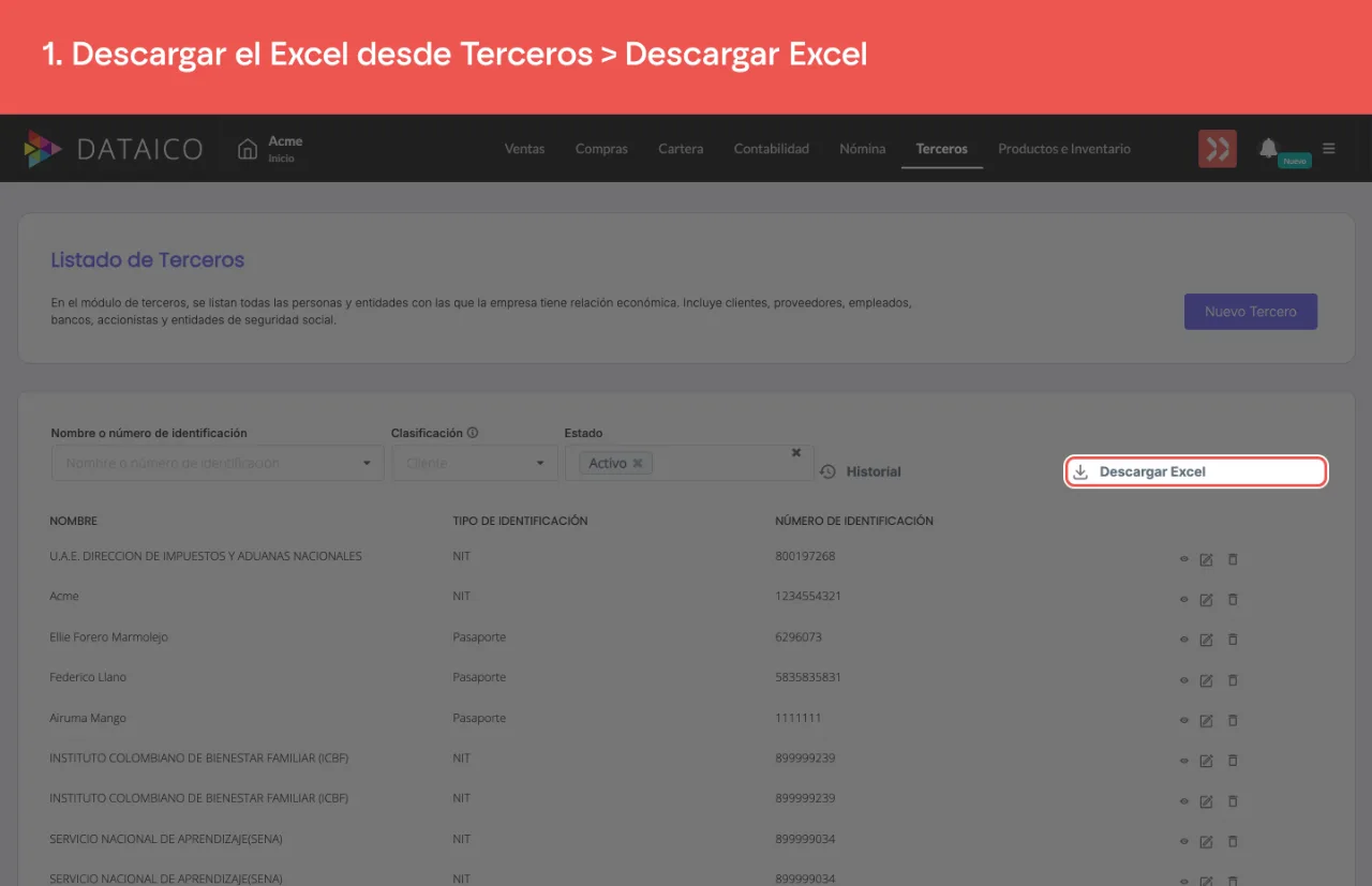 La opción Descargar Excel, sobre el listado de Terceros