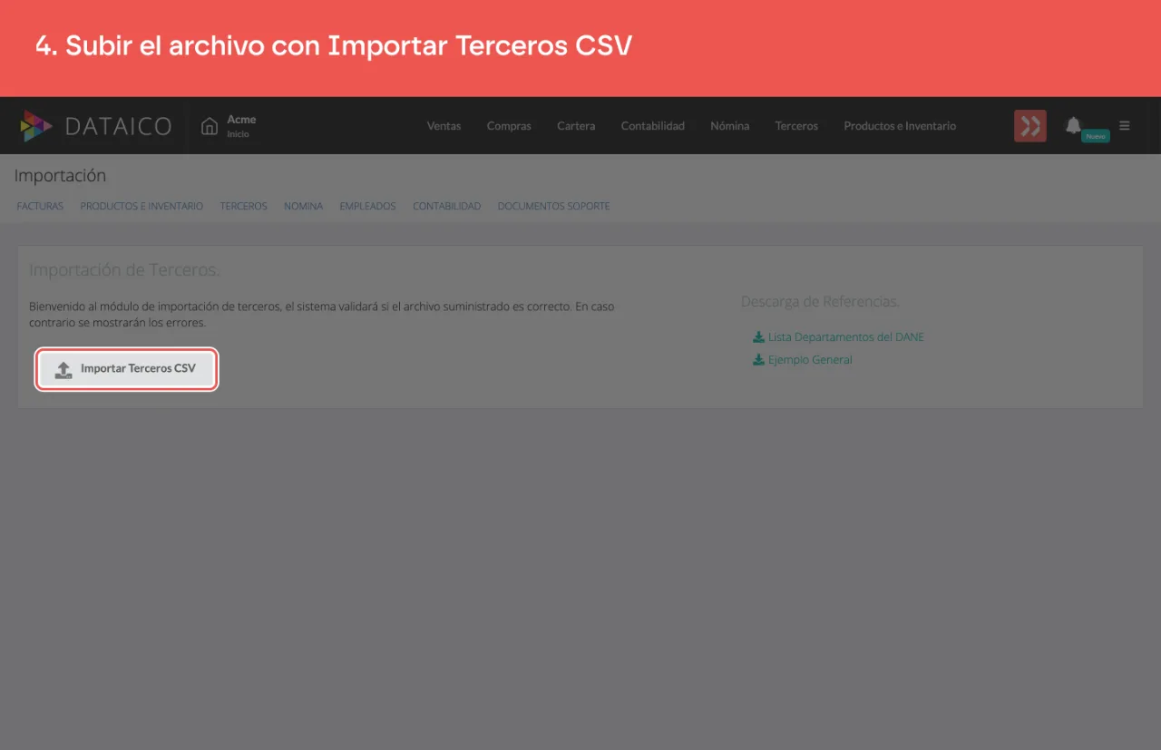 El botón Importar Terceros CSV, en la pestaña Terceros del módulo de importación