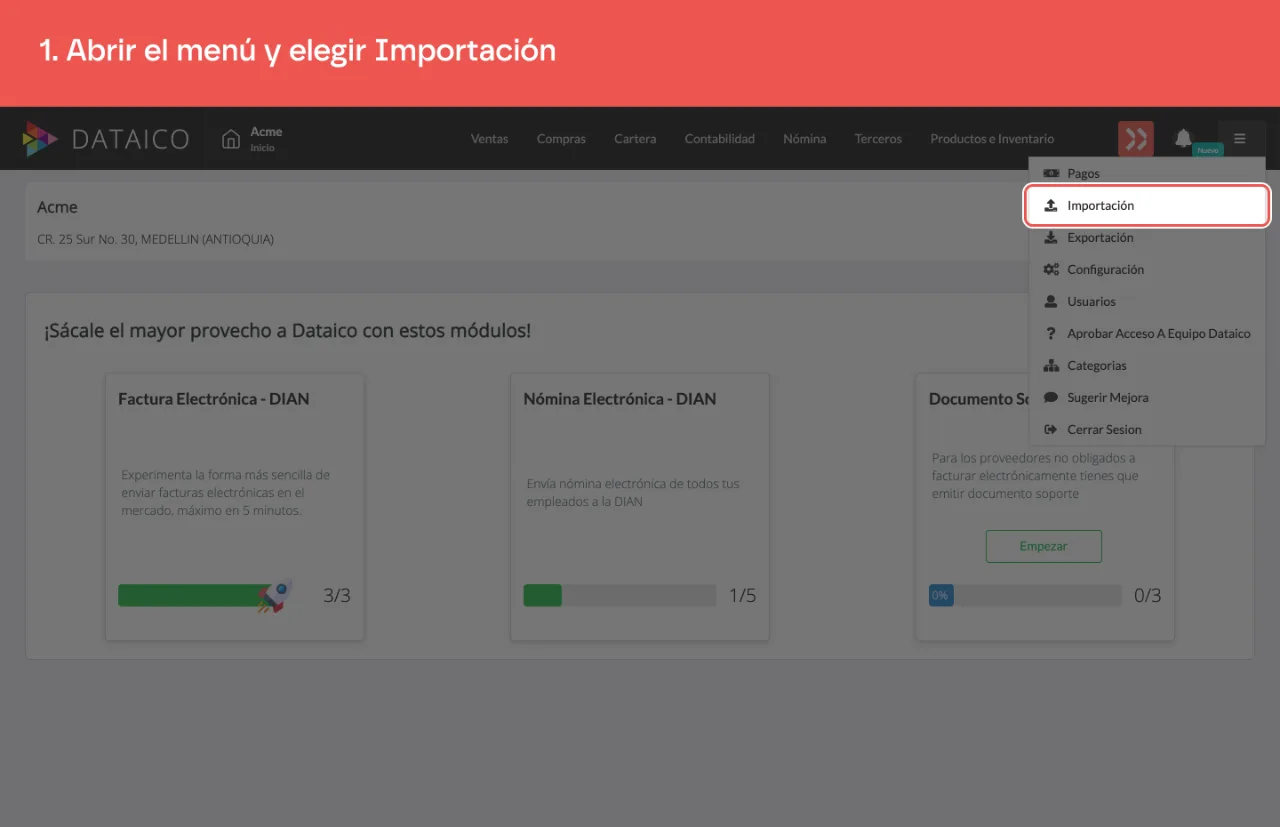 El menú de hamburguesa abierto, con la opción Importación