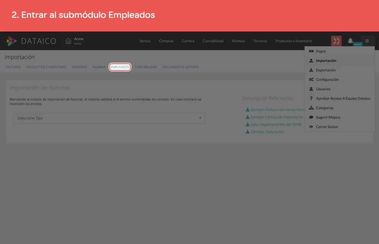 La fila de pestañas del módulo de importación, con Empleados entre ellas