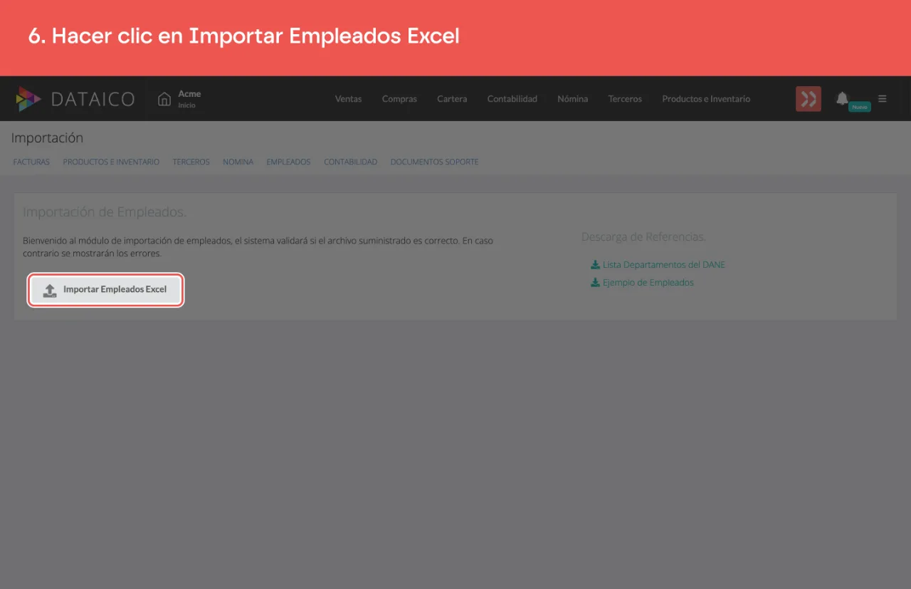 El botón Importar Empleados Excel, a la izquierda de la pantalla