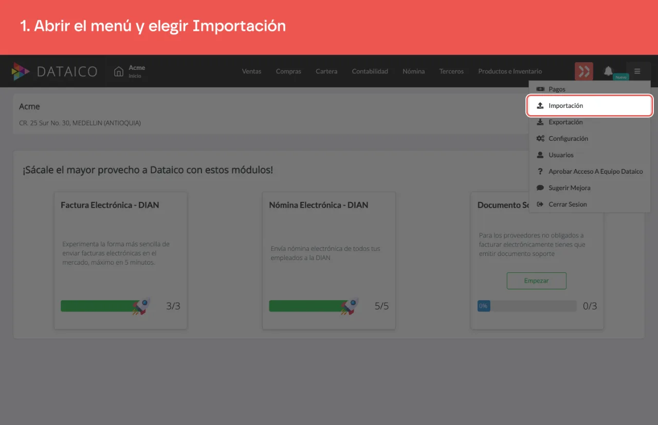 El menú de hamburguesa abierto, con la opción Importación