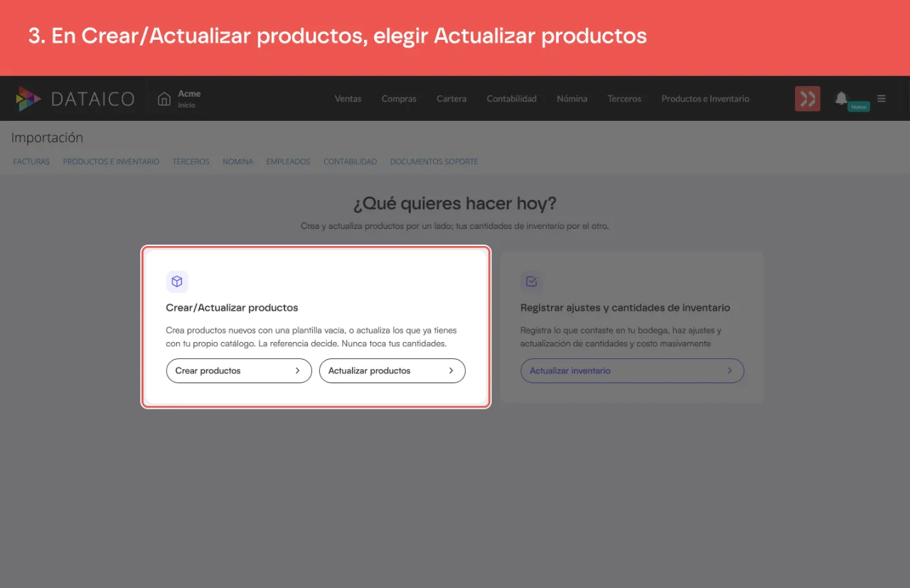 La tarjeta de productos, con los botones Crear productos y Actualizar productos