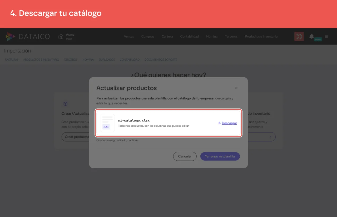 El paso 1 del asistente, con el archivo mi-catalogo.xlsx listo para descargar