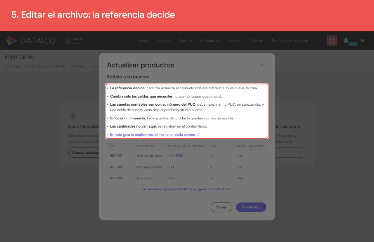 El paso 2 del asistente, con las reglas para editar el catálogo y una hoja de ejemplo