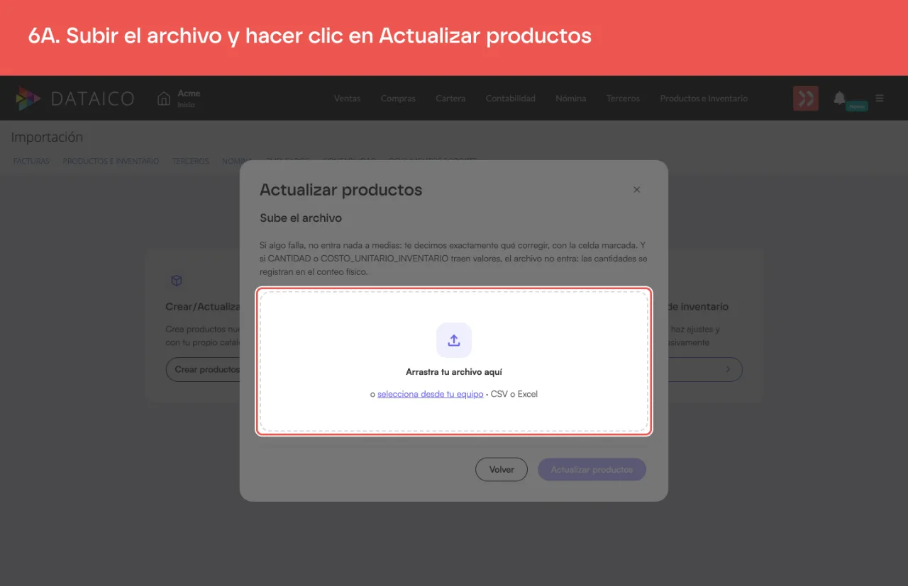 El paso 3 del asistente, con el área para subir el archivo