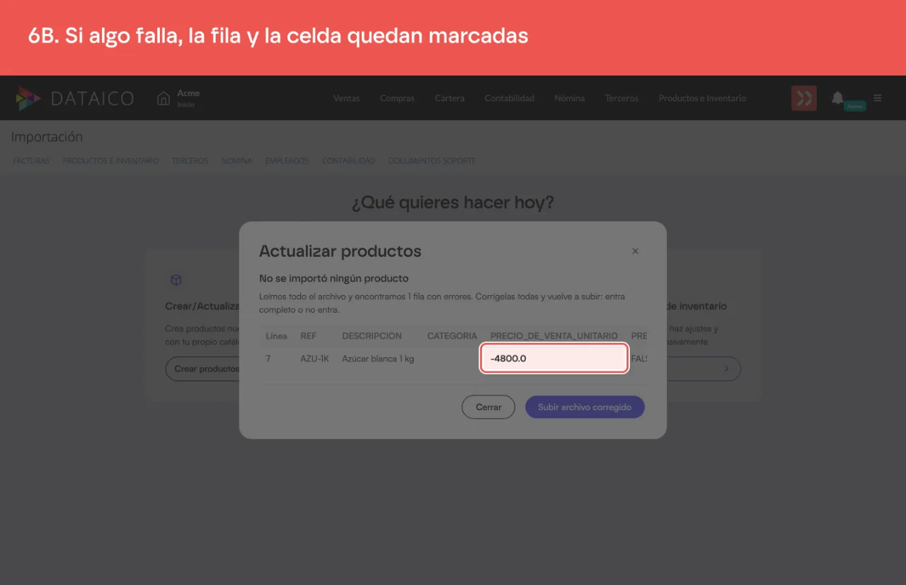 El archivo rechazado: la línea 7 del archivo, con la celda del precio marcada en rojo porque trae un valor negativo