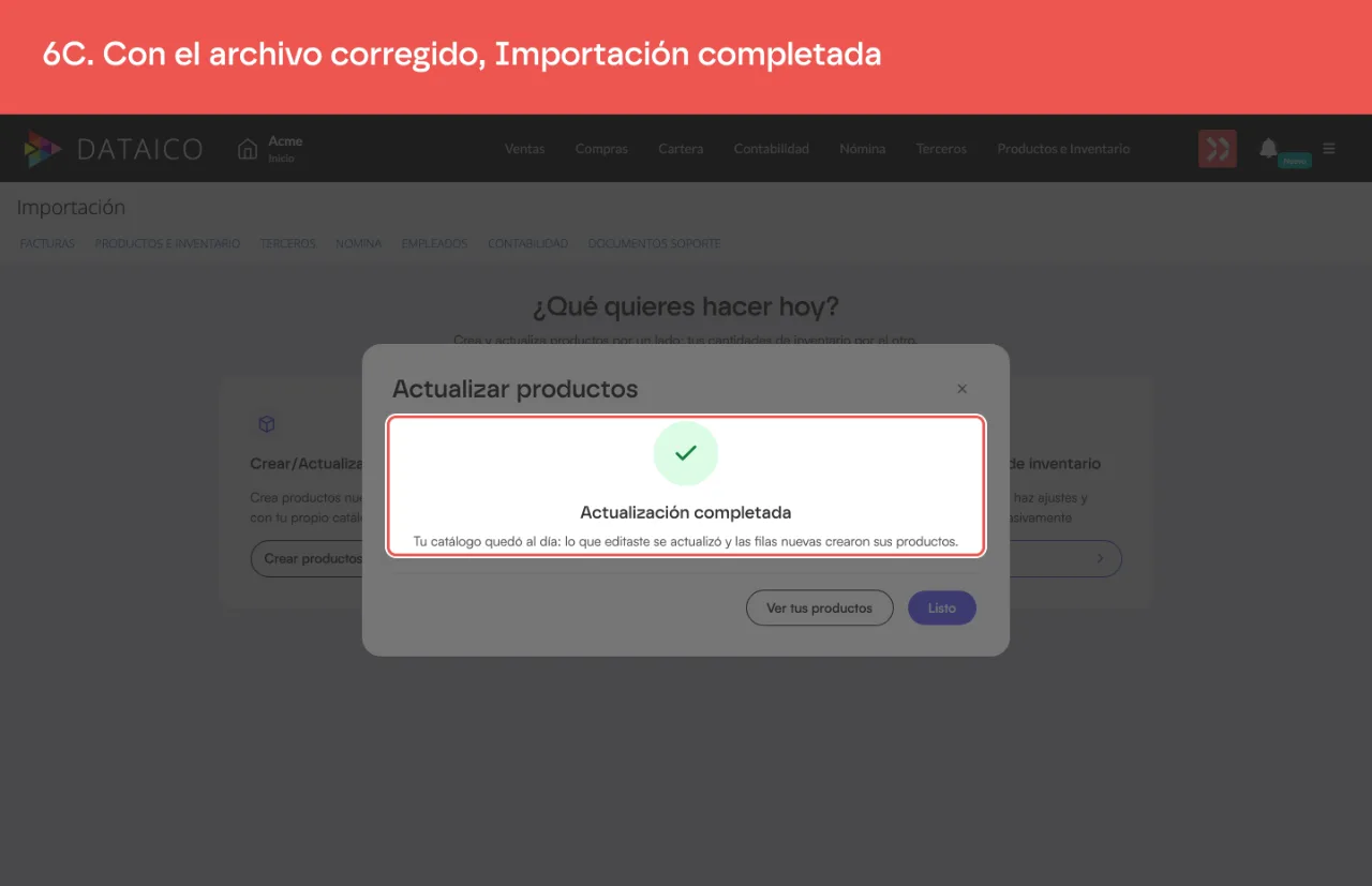 La importación completada: lo editado se actualizó y las filas nuevas crearon sus productos