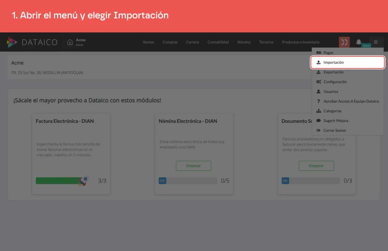 El menú de las tres líneas abierto, con la opción Importación