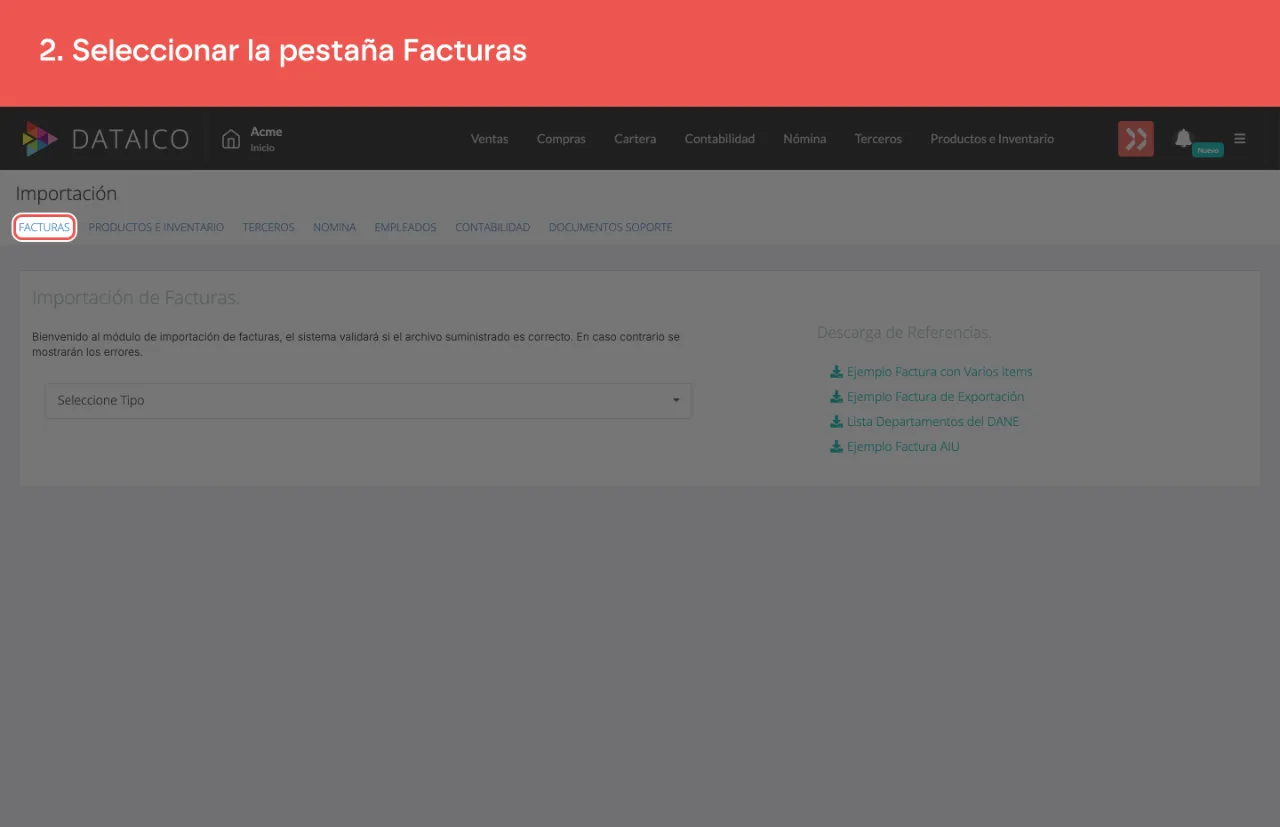 La pestaña Facturas en la fila de pestañas del módulo de importación