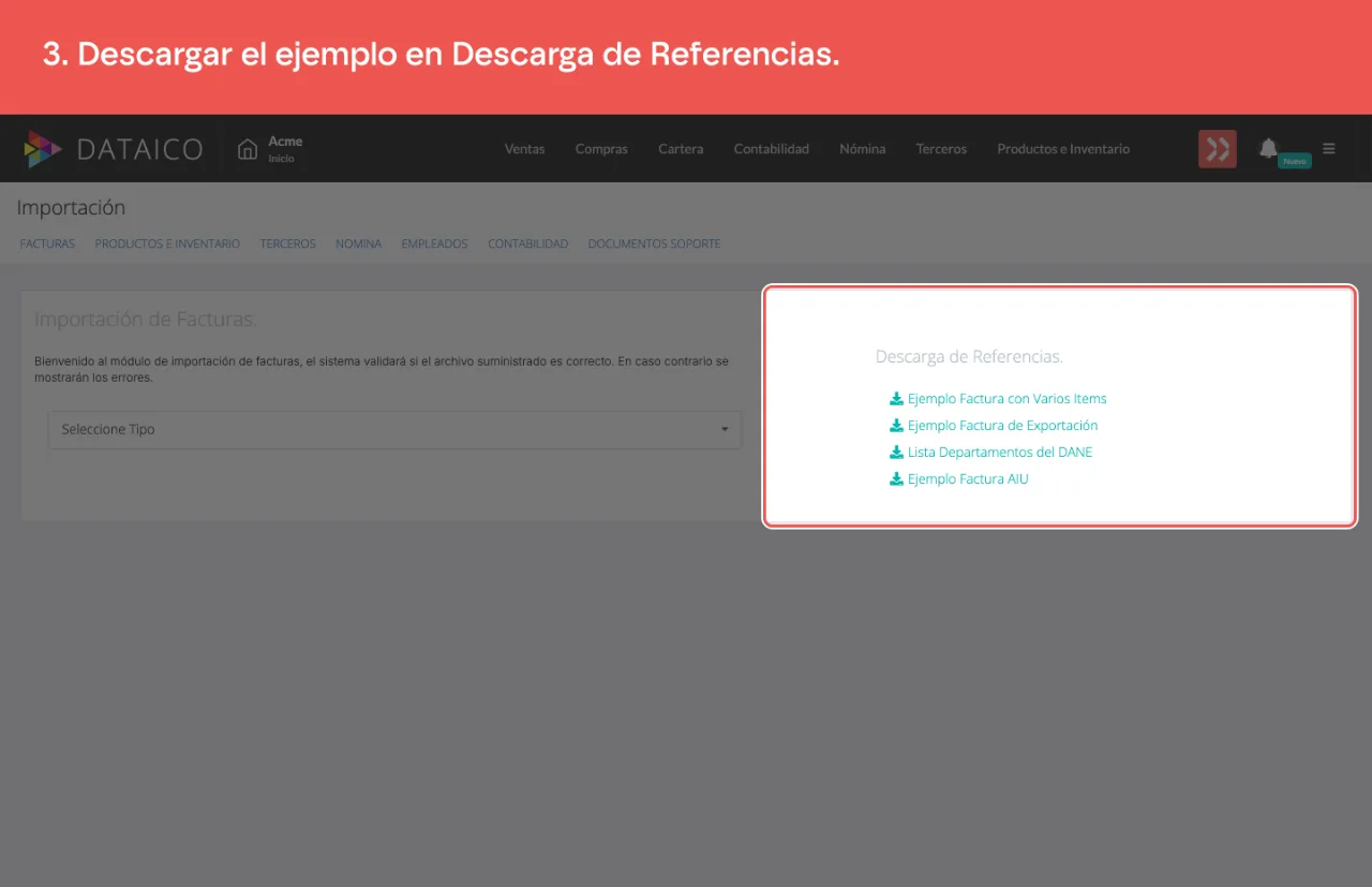 La columna Descarga de Referencias, con los ejemplos de factura con varios ítems, de exportación y AIU, y la lista de departamentos del DANE