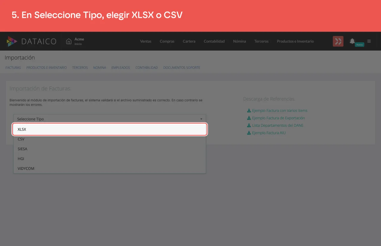 El selector Seleccione Tipo abierto, con las opciones XLSX y CSV
