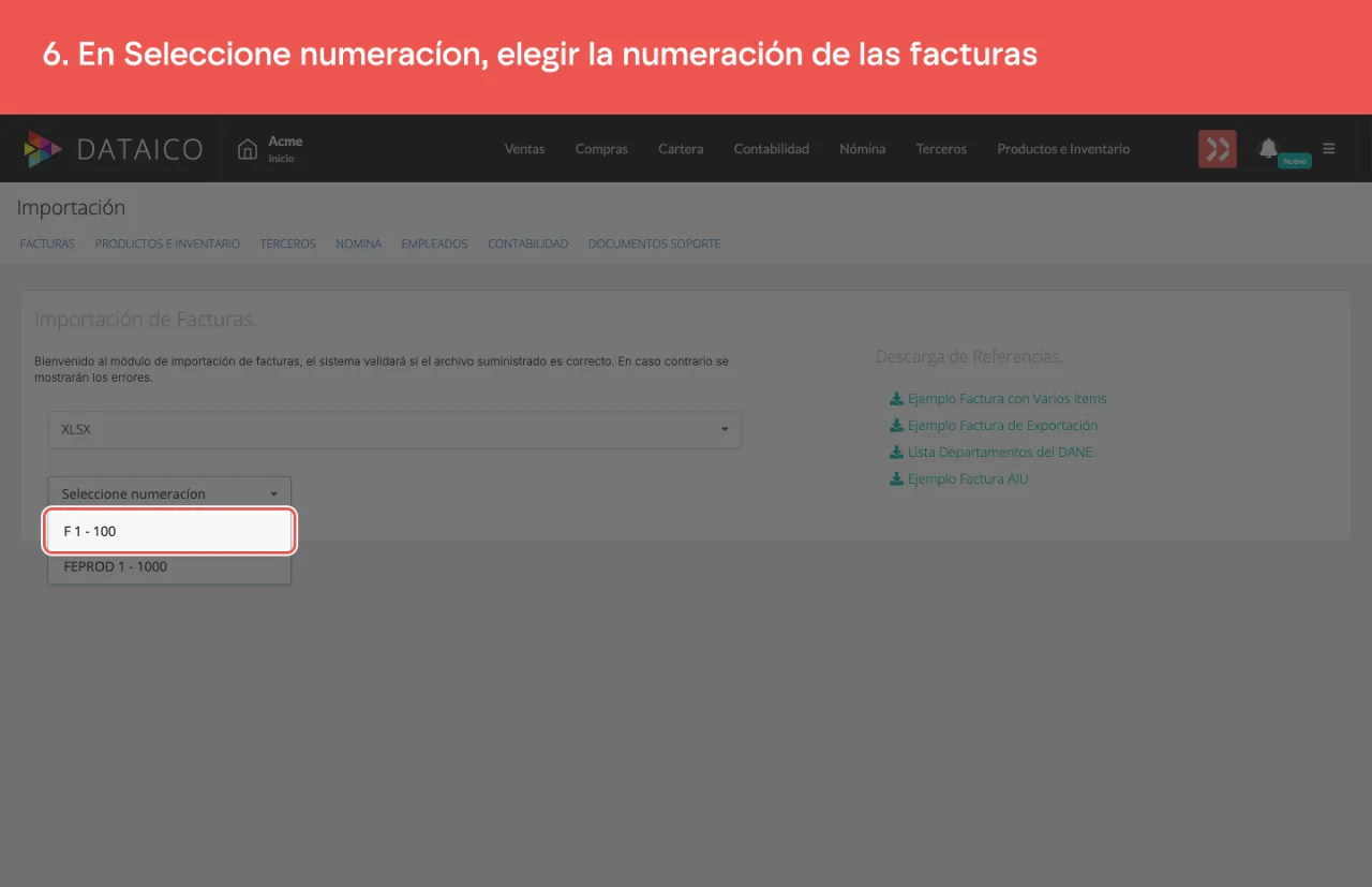 El selector de numeración abierto, con las numeraciones de factura de la empresa