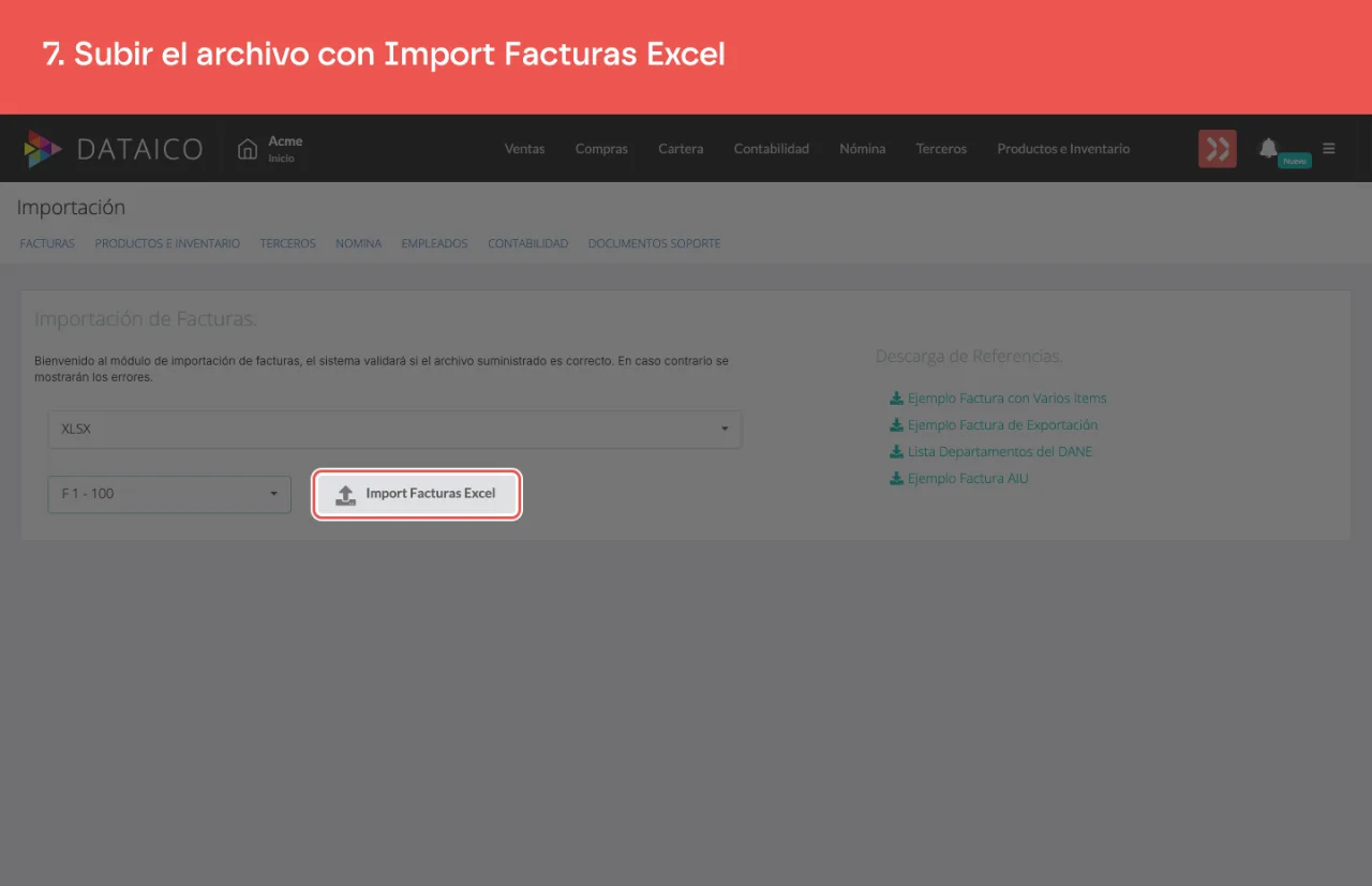 El botón Import Facturas Excel, que aparece al elegir el tipo XLSX y la numeración
