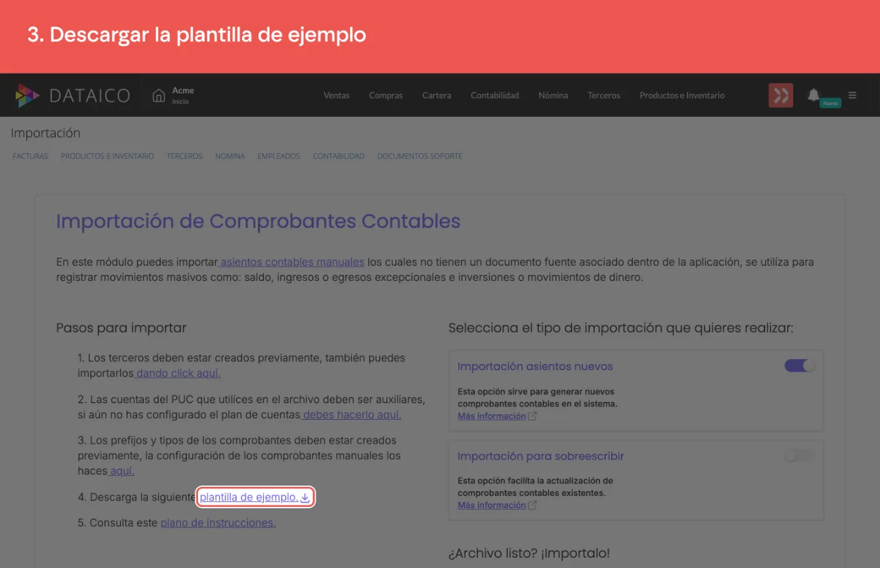 El enlace de la plantilla de ejemplo, dentro de la lista de Pasos para importar