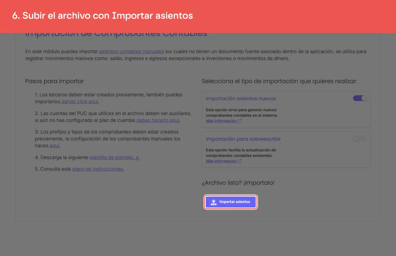 El botón Importar asientos, bajo el título ¿Archivo listo? ¡Importalo!