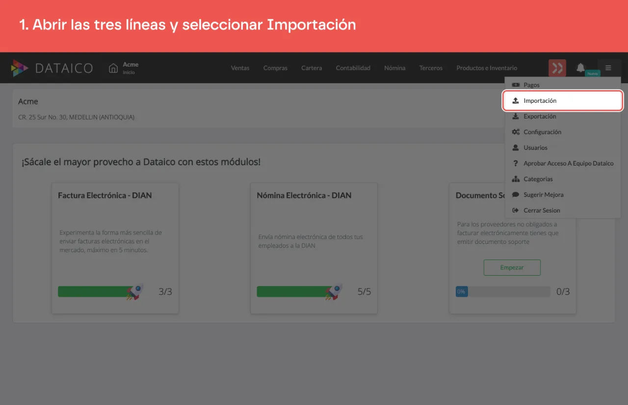 El menú de las tres líneas abierto, con la opción Importación