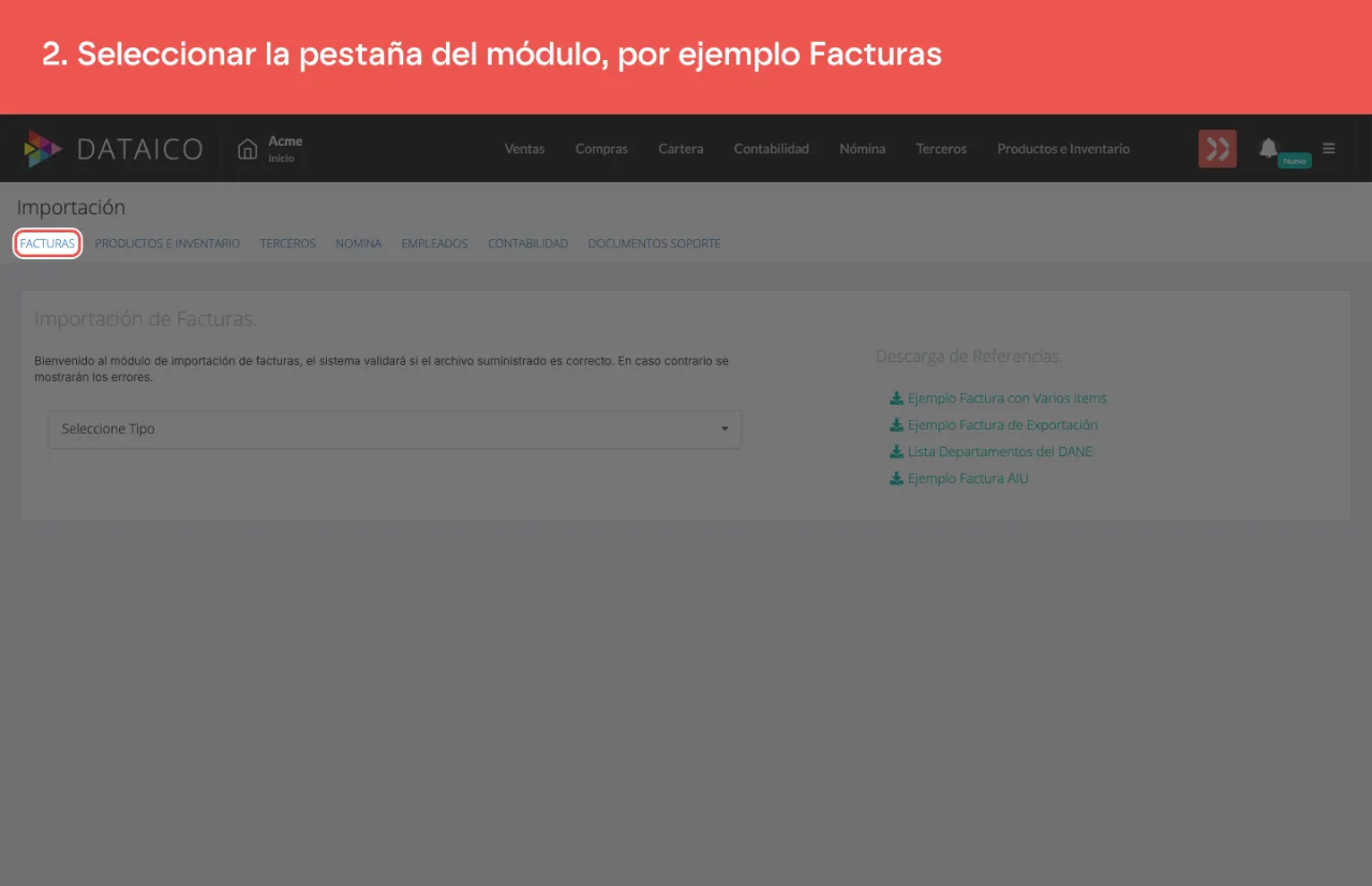 La fila de pestañas del módulo de Importación, con la pestaña Facturas