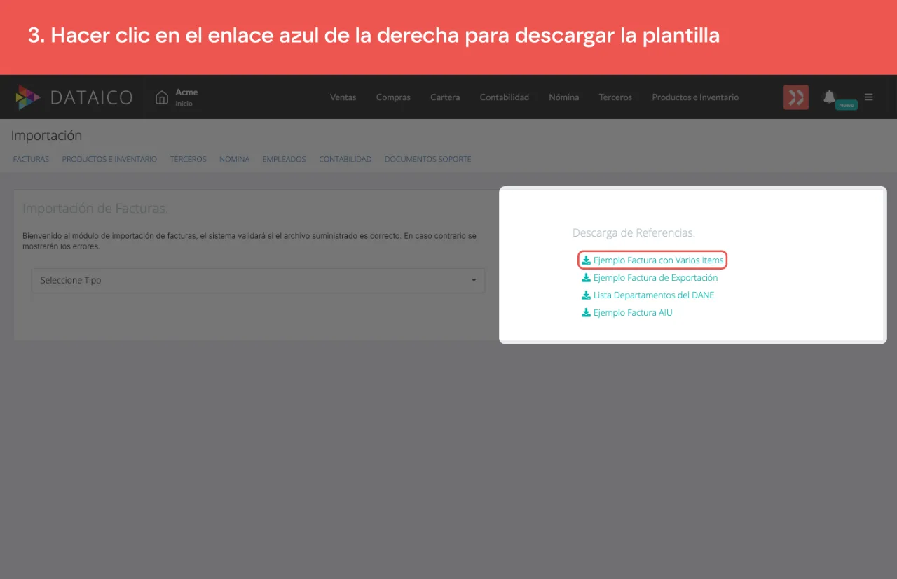 La columna Descarga de Referencias, con el enlace azul de la plantilla de ejemplo