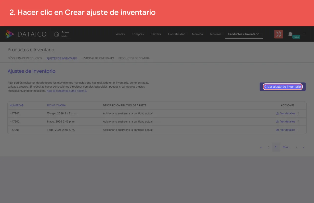 El botón Crear ajuste de inventario, en el listado de ajustes