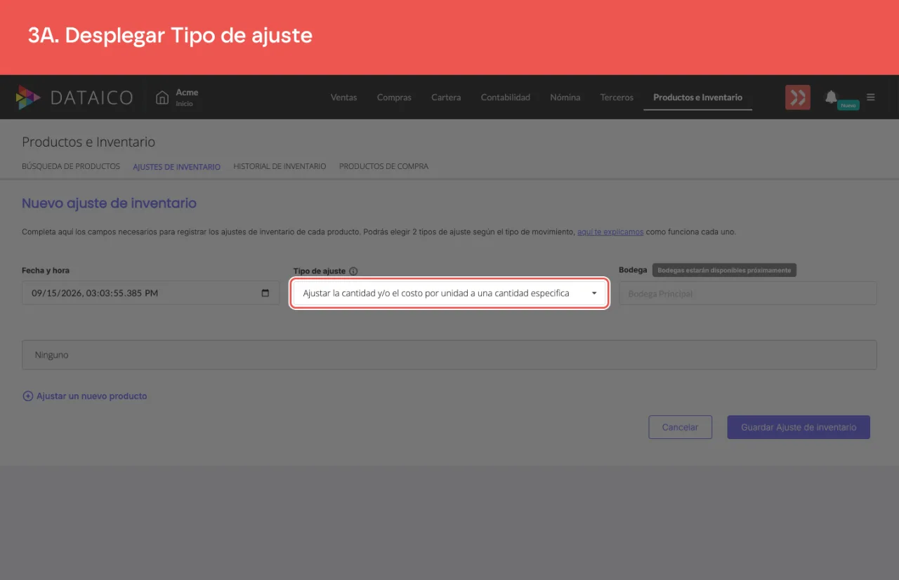El selector Tipo de ajuste del formulario