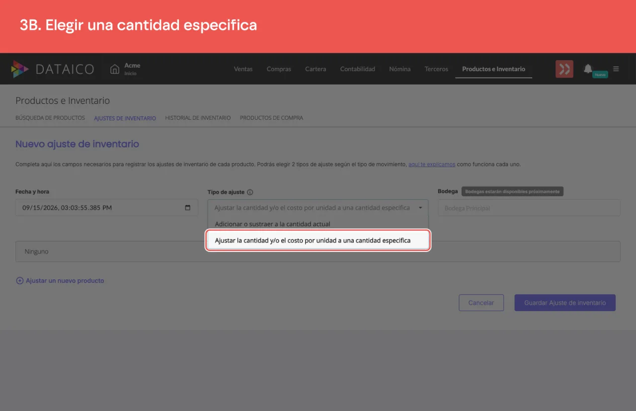 La opción que ajusta la cantidad y el costo a una cantidad específica