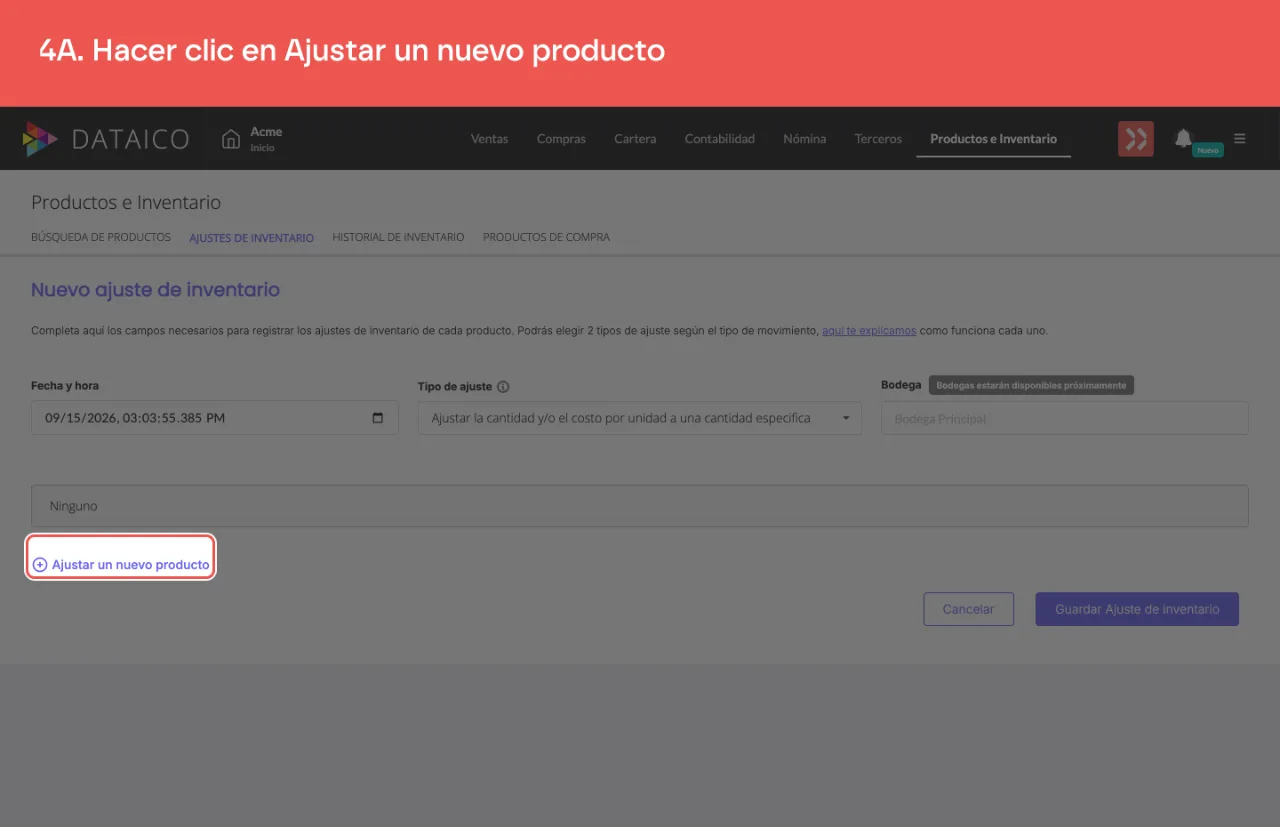 El control Ajustar un nuevo producto, que agrega una línea al ajuste