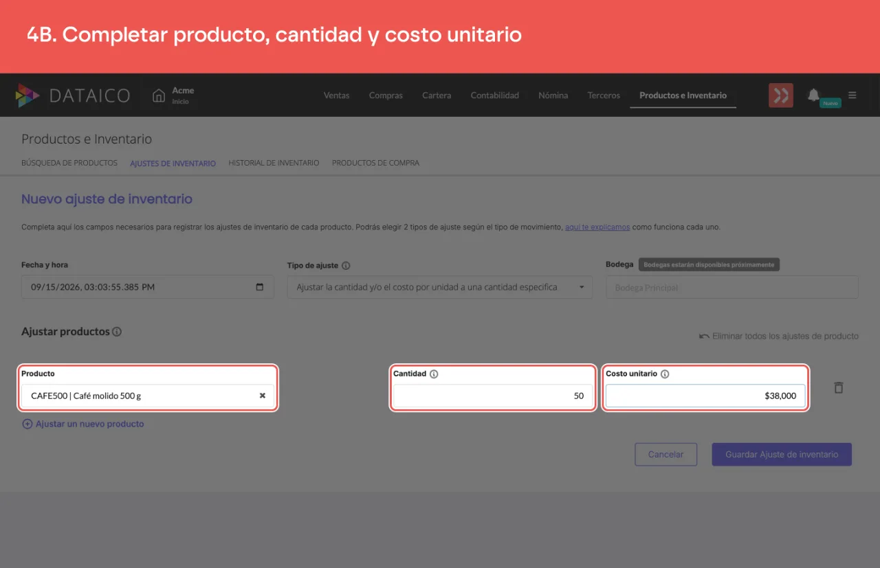 La línea del ajuste con el producto, la cantidad final y el costo unitario