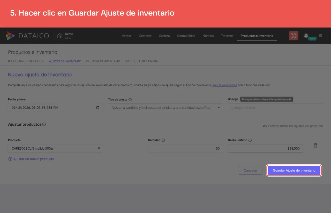 El botón que guarda el ajuste de inventario